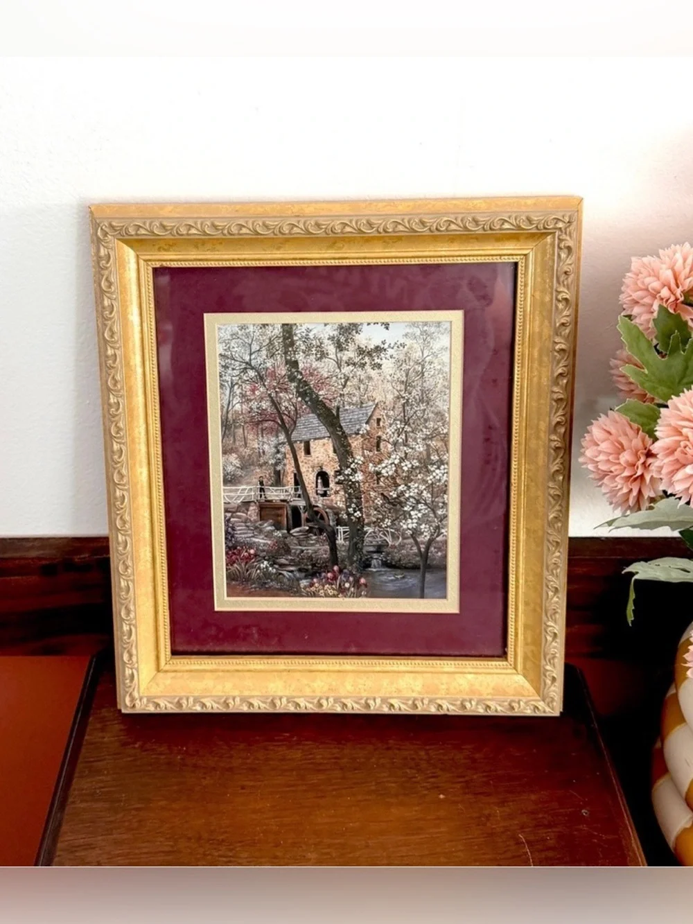 Old Mill Stream Cottage Glynda Turley Vintage Print Ornate Gold Framed Wall Art
